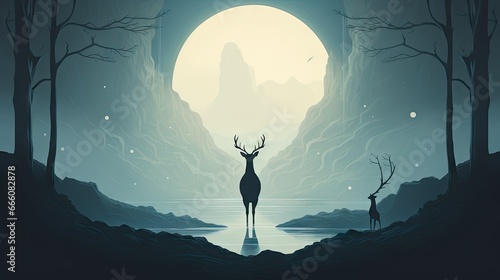  a deer standing in a forest next to a lake under a full moon.  generative ai