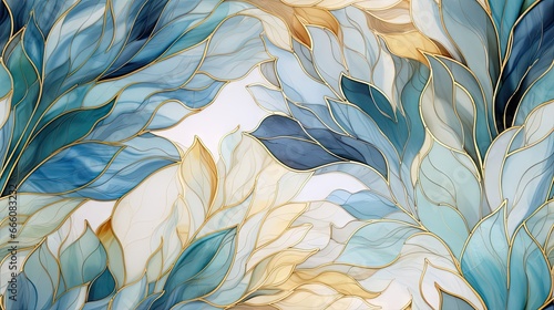  a painting of blue and yellow leaves on a white background.  generative ai