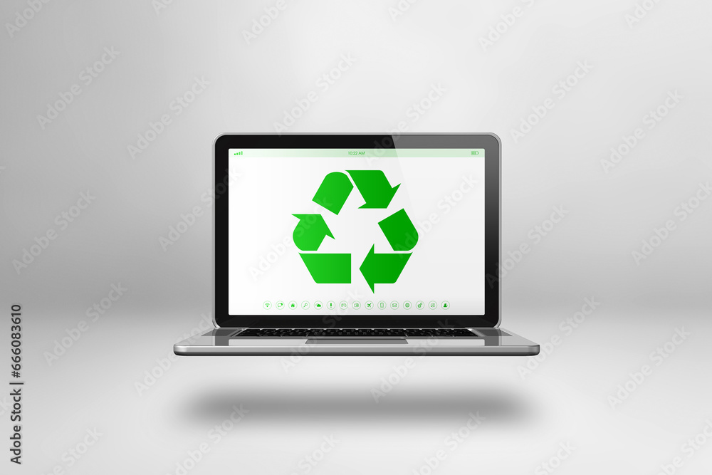 Laptop computer with a recycling symbol on screen. environmental conservation concept Laptop computer with a recycling symbol on screen. environmental conservation concept