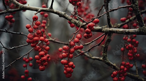  a bunch of red berries hanging from a tree branch in a forest. generative ai