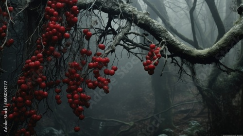  a bunch of berries hanging from a tree in the woods.  generative ai