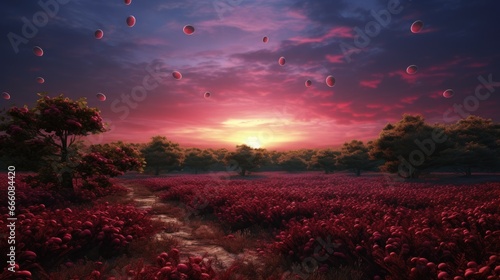  a painting of a sunset with balloons flying in the sky. generative ai