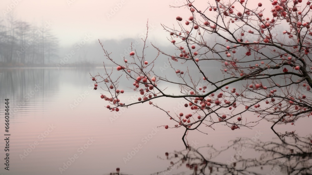  a tree with red berries in front of a body of water.  generative ai