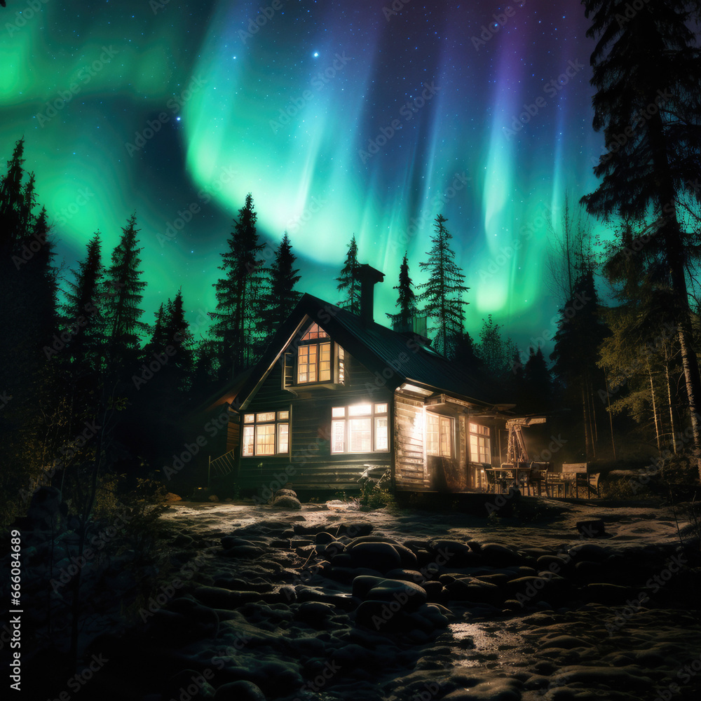 A forest cabin with light in the windows under the bright northern lights A forest cabin with light in the windows under the bright northern lights