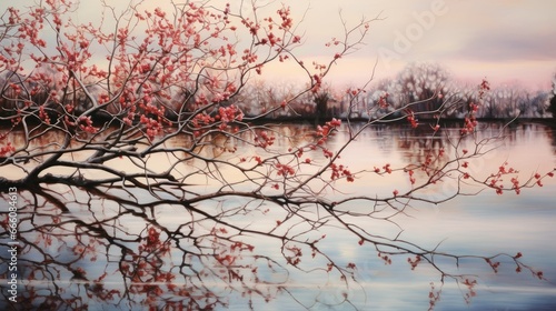  a painting of a tree with red leaves in front of a lake.  generative ai