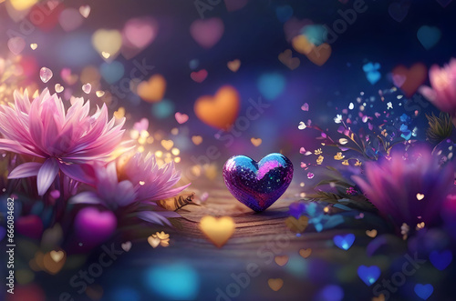 Colorful, shiny, glowing hearts and flowers, valentine's day, wedding invitation. Romantic background, greeting card, poster, postcard for women's day or birthday.