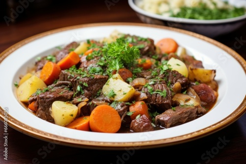 Thick Beef stew vegetables sauce. Meal recipe. Generate Ai
