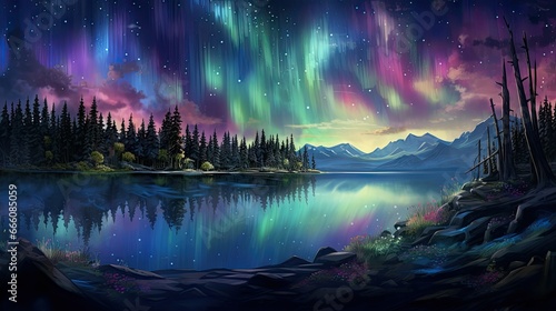  a painting of a lake and a forest with a colorful aurora bore. generative ai