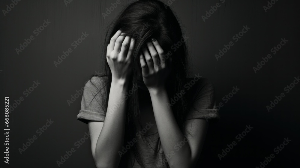 Portrait of crying woman covering her face with her hands. Depression and tears, bad mood, concept of problems, family violence and bullying. AI Generated Portrait of crying woman covering her face with her hands. Depression and tears, bad mood, concept of problems, family violence and bullying. AI Generated