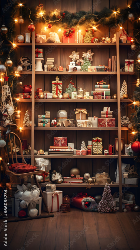 Bookshelf with Christmas gifts