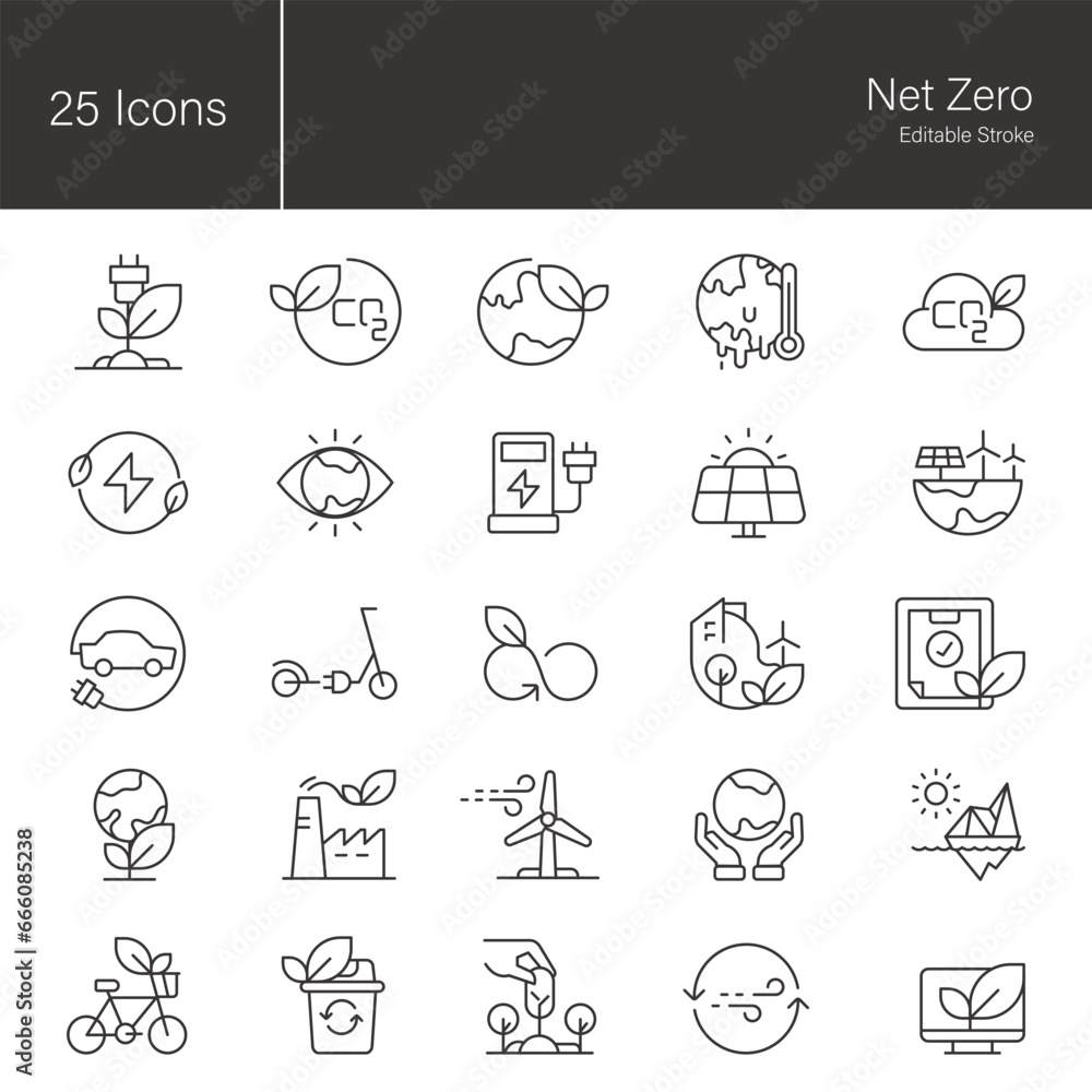 Net zero icon set.  25 editable stroke vector graphic elements, stock illustration Icon, Business, Sustainable Resources, Zero Waste, Environmental Conservation, Carbon Dioxide