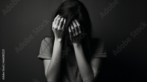 Portrait of crying woman covering her face with her hands. Depression and tears, bad mood, concept of problems, family violence and bullying. AI Generated