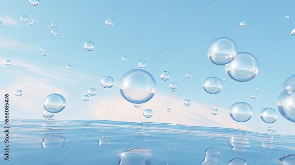  a group of bubbles floating in the air over water with a blue sky in the background.  generative ai