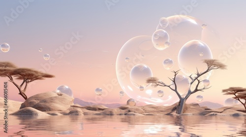  a group of bubbles floating in the air over a lake.  generative ai