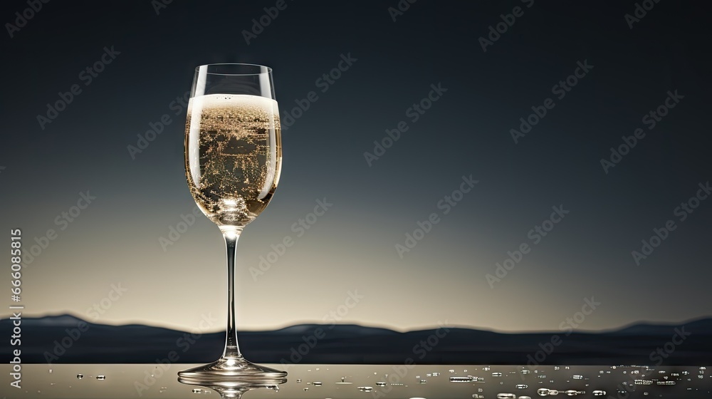  a glass of champagne sitting on top of a table next to a mountain.  generative ai