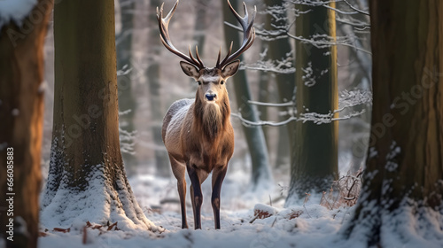Noble deer male standing at edge of woods in snow forest. Winter Christmas image. © AspctStyle