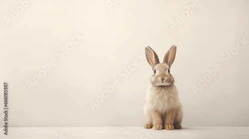  a rabbit sitting on top of a white floor next to a wall.  generative ai