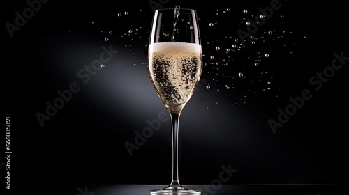  a glass of champagne with bubbles on a black background with a splash of water.  generative ai
