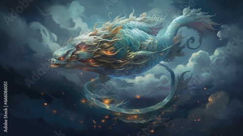  a painting of a dragon flying through the sky with clouds. generative ai
