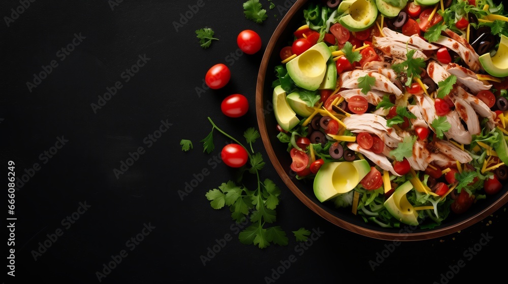 Mexican rotisserie chicken salad in black bowl. top view, copy space, mockup concept