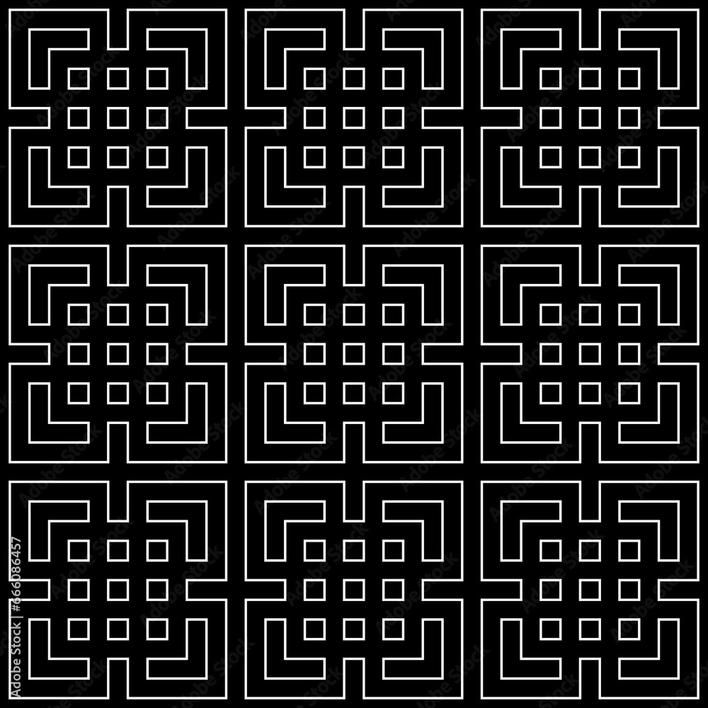 Seamless Chinese window tracery surface pattern design. Repeated white squares, angle brackets on black background. Ancient ethnic ornament wallpaper. Oriental motif, textile print. Vector art. Seamless Chinese window tracery surface pattern design. Repeated white squares, angle brackets on black background. Ancient ethnic ornament wallpaper. Oriental motif, textile print. Vector art.