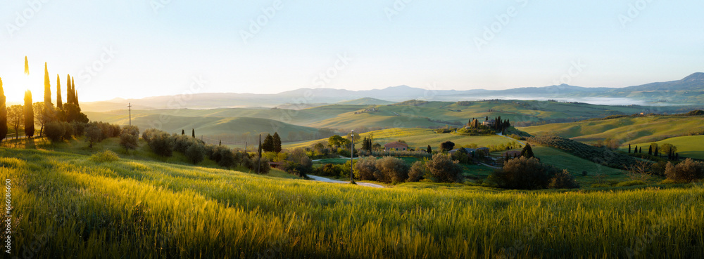 Panorama of landscape with sunrise in Tuscany, Italy
