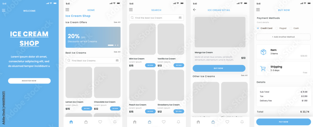 Ice Cream Ecommerce, Bakery Store and Cake Shop Mobile App UI Kit Template Ice Cream Ecommerce, Bakery Store and Cake Shop Mobile App UI Kit Template