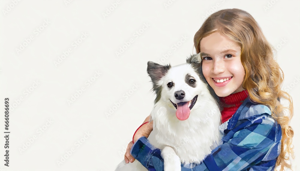 Happy Girl Hugging Dog with Copy Space