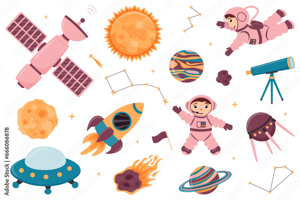 Naklejka premium A set of illustrations with cute astronauts, spacecraft, telescope, space station, satellite, rocket, constellations, moon, sun and planets in cartoon style.