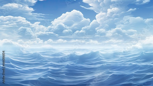  a painting of a blue ocean with clouds in the sky.  generative ai