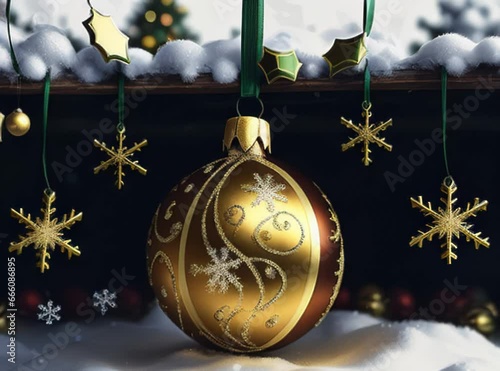 Two christmas balls hang on a branch with lights
in the style of layered textures and patterns , craftcore photo
