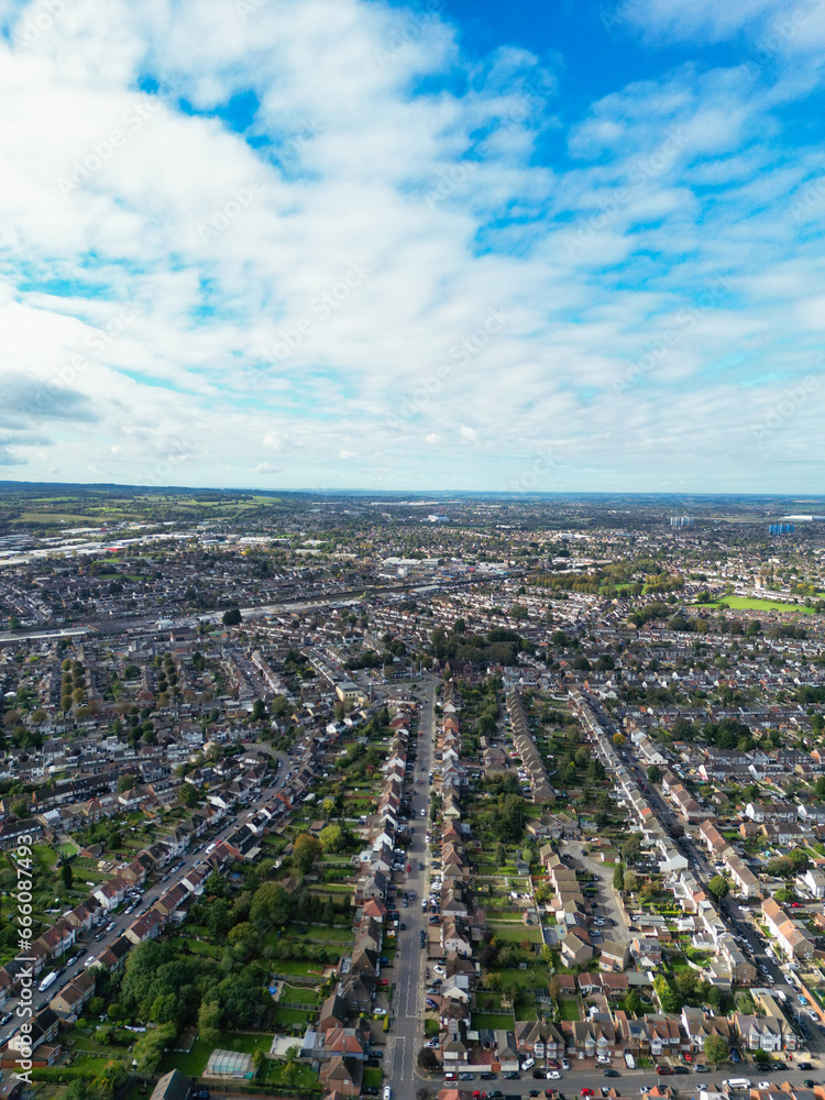 High Angle Residential District of Luton City During Bright Sunny and Cold Day Over Luton, England UK. Captured on October 22nd, 2023