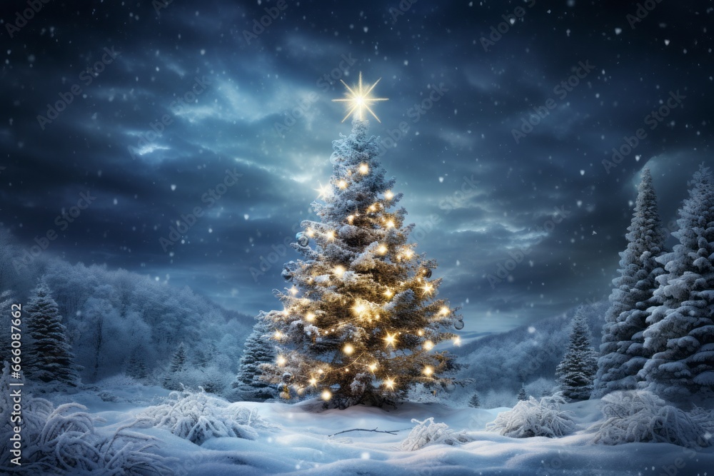 Decorated Christmas tree in the forest. Night is falling and snow is blowing, everything is white and shades of blue. Decorated Christmas tree in the forest. Night is falling and snow is blowing, everything is white and shades of blue.