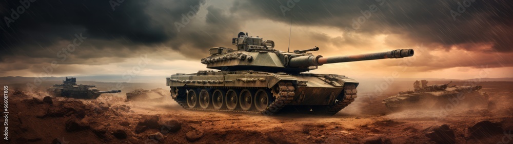 A modern tank in the middle of an empty land preparing for an attack, war, raindrops
