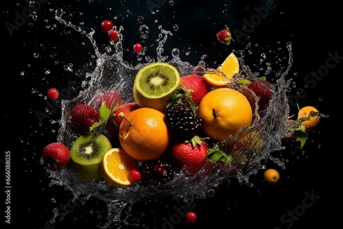 A vibrant fruit plunging into water against a dark backdrop with water splashing at the top of the fruit and bottom of the image. Generative AI