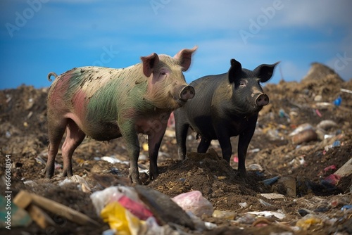 A pair of swine amidst an abundant mound of synthetic waste. Generative AI