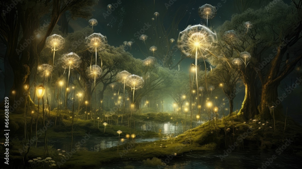  a painting of dandelions floating in the night sky.  generative ai