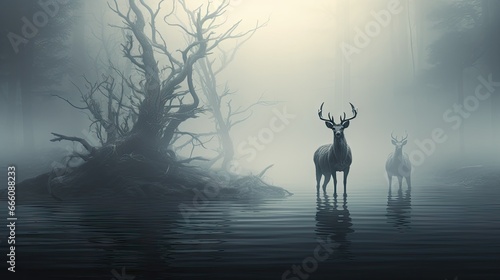  two deer standing in the water in a foggy forest.  generative ai © Anna