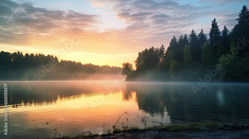 Tranquil Misty Sunrise Over Lake 