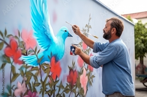 Street artist paints graffiti on wall, depicting a dove of peace
