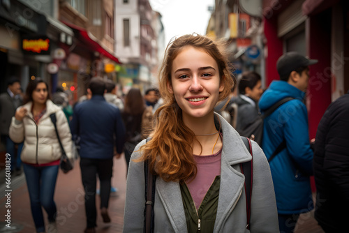 Portrait of beautiful woman standing on city street among people
