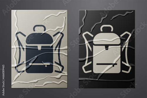 White Hiking backpack icon isolated on crumpled paper background. Camping and mountain exploring backpack. Paper art style. Vector