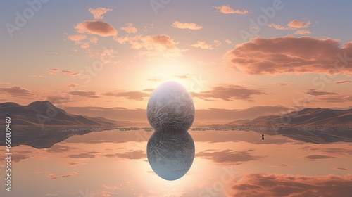  a large egg sitting on top of a lake under a cloudy sky.  generative ai