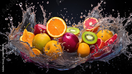  a bunch of fruit is splashing into a glass of water. generative ai