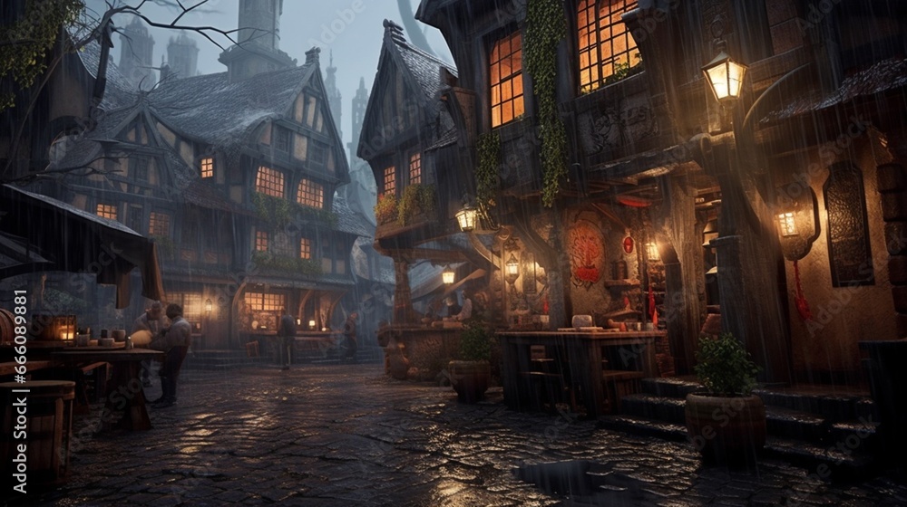 gloomy fantasy tavern in a city in a rainstorm.Generative AI