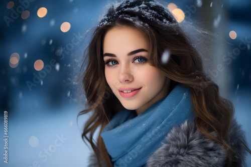 Portrait of beautiful young woman in winter time outdoor, trendy woman dressed in warm stylish clothes enjoying frosty sunny at winter snow park