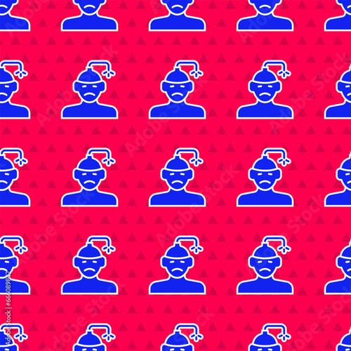 Blue Concussion, headache, dizziness, migraine icon isolated seamless pattern on red background. Vector
