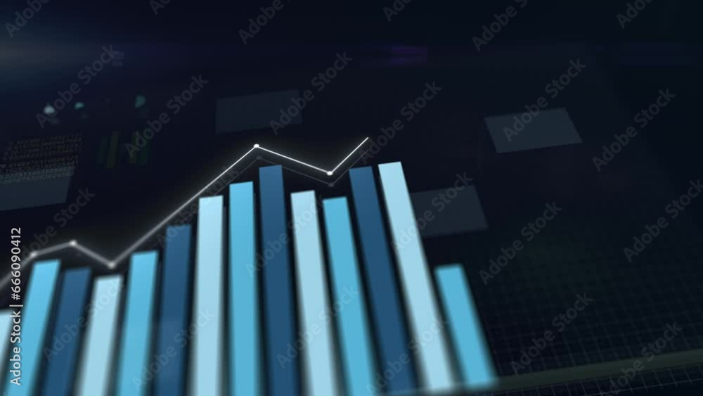 3D animation of growing histogram. Hi tech charts with grid. Digital display with stock market charts. Camera movement with depth of field. 4K high quality animation