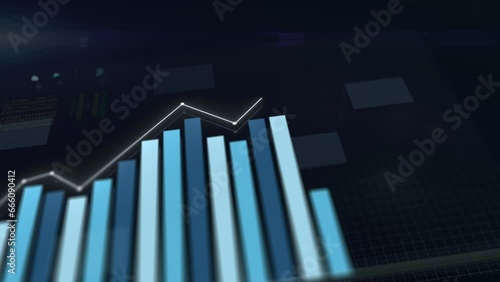3D animation of growing histogram. Hi tech charts with grid. Digital display with stock market charts. Camera movement with depth of field. 4K high quality animation