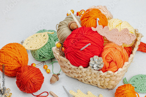 Set of clew of thread for knitting. Crocheted different leaves, handmade, autumn hobby concept